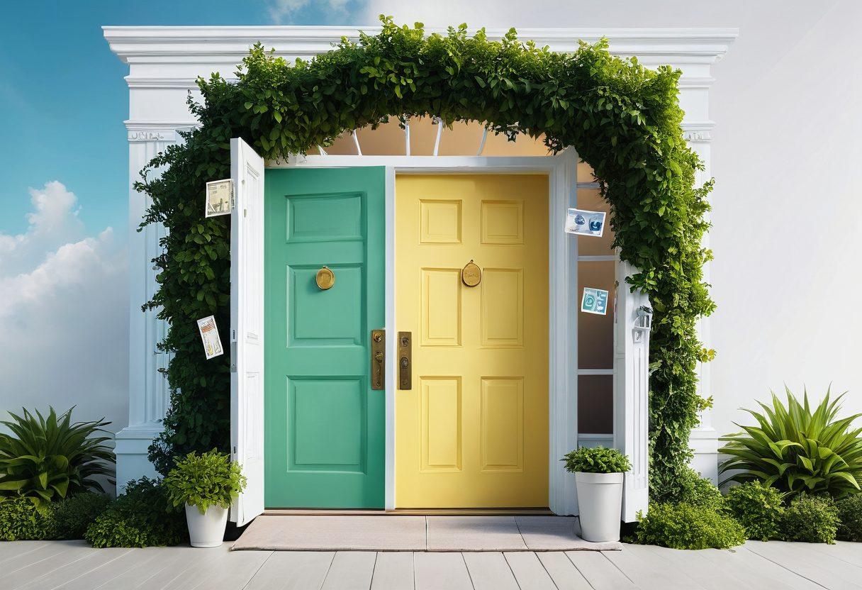 A visually striking illustration of a bright, open door symbolizing financial freedom, with colorful bills floating joyfully outside. Include elements like a smartphone with a secure payment app, lush greenery, and a sunlit sky to evoke a sense of hope and positivity. Emphasize connectivity with digital symbols like Wi-Fi and cloud icons. Vibrant colors. super-realistic. white background.