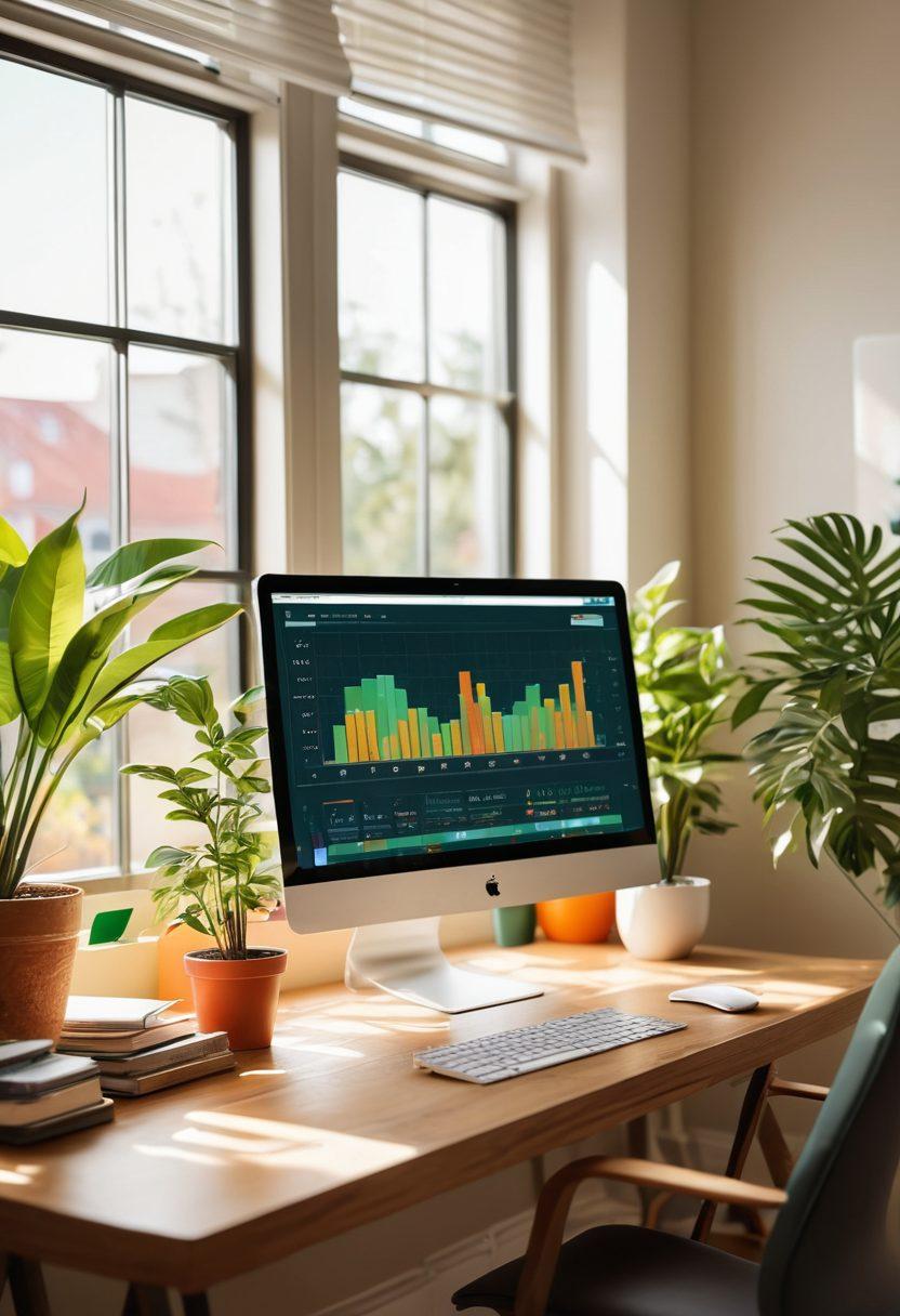 A serene workspace featuring a modern desk with a computer screen displaying a happy family managing their bills effortlessly. Soft sunlight streams through a window, illuminating a plant and colorful charts representing innovative billing solutions. The scene conveys a sense of peace and control over finances. bright colors. soft focus. super-realistic.