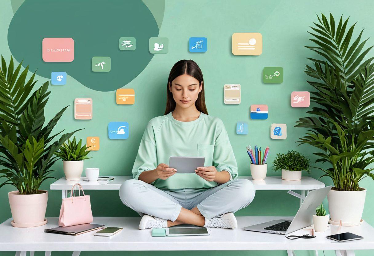 A serene scene depicting a calm individual sitting at a desk, surrounded by digital icons of safe payment methods like credit cards, e-wallets, and mobile payments floating around them. Soft pastel colors in the background suggest tranquility, with a plant symbolizing growth and peace. The person is relaxed, showing a harmonious balance between technology and mental well-being. digital illustration. soft colors. calming atmosphere.
